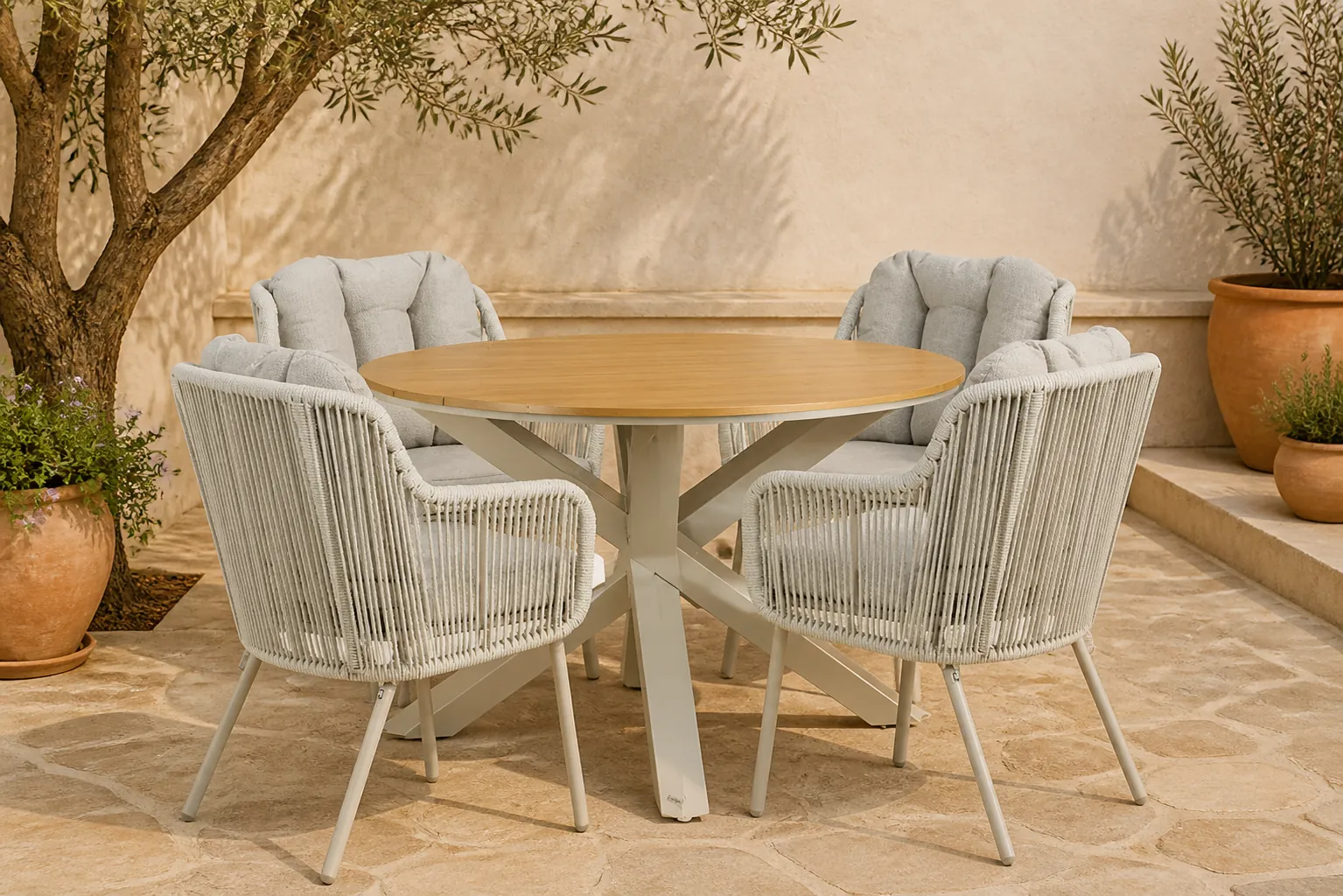 Sfeerfoto van Santika Furniture Nanda/Ancona 125 cm dining tuinset 5-delig – Taupe-naturel-bruin