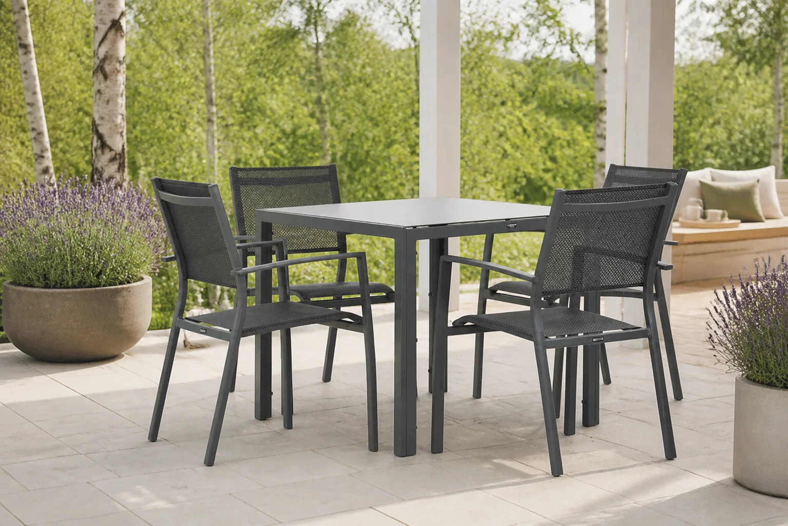 Sfeerfoto van Lifestyle Garden Furniture Sella/Venustas 85 cm dining tuinset 5-delig – Grijs-antraciet
