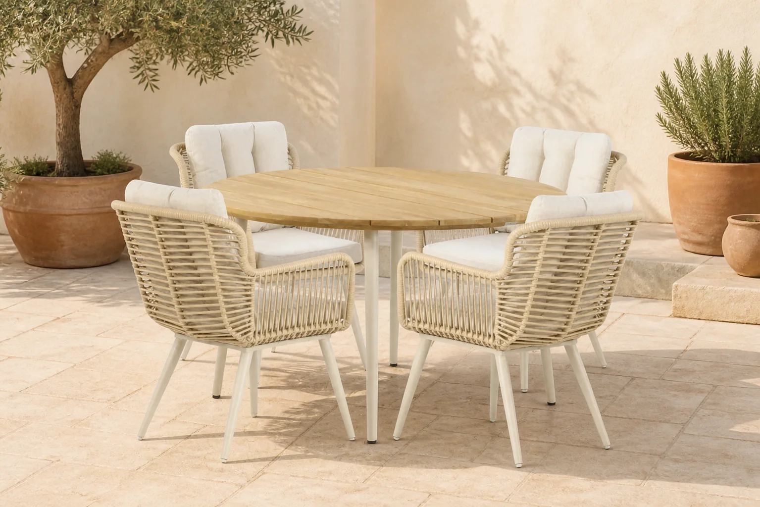 Sfeerfoto van Coco Custa/Montana 130 cm dining tuinset 5-delig – Taupe-naturel-bruin