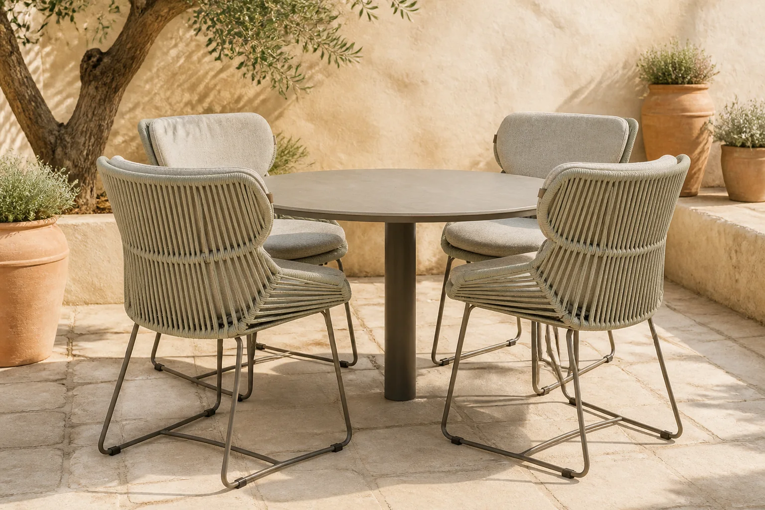 Sfeerfoto van Santika Furniture Samari/Trino 140 cm dining tuinset 5-delig – Taupe-naturel-bruin
