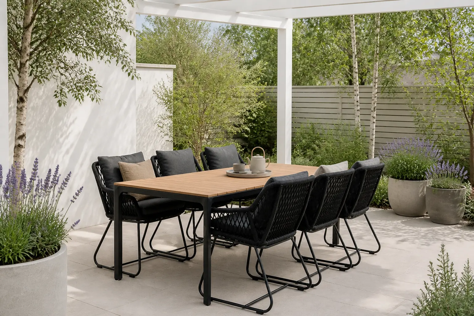 Sfeerfoto van Lesli Living Arezzo/Portofino zwart dining tuinset | 6 personen | polwood + touw | 200cm – Light Teak, Zwart