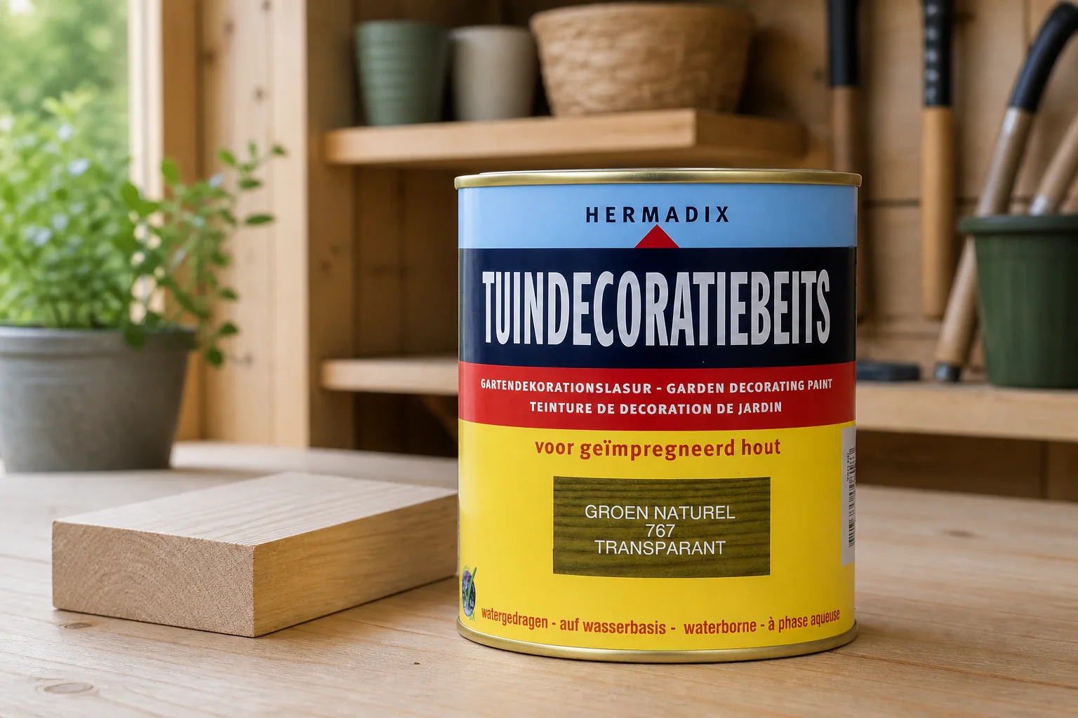 Sfeerfoto van Hermadix Tuindecoratiebeits 767 groen 750 ml