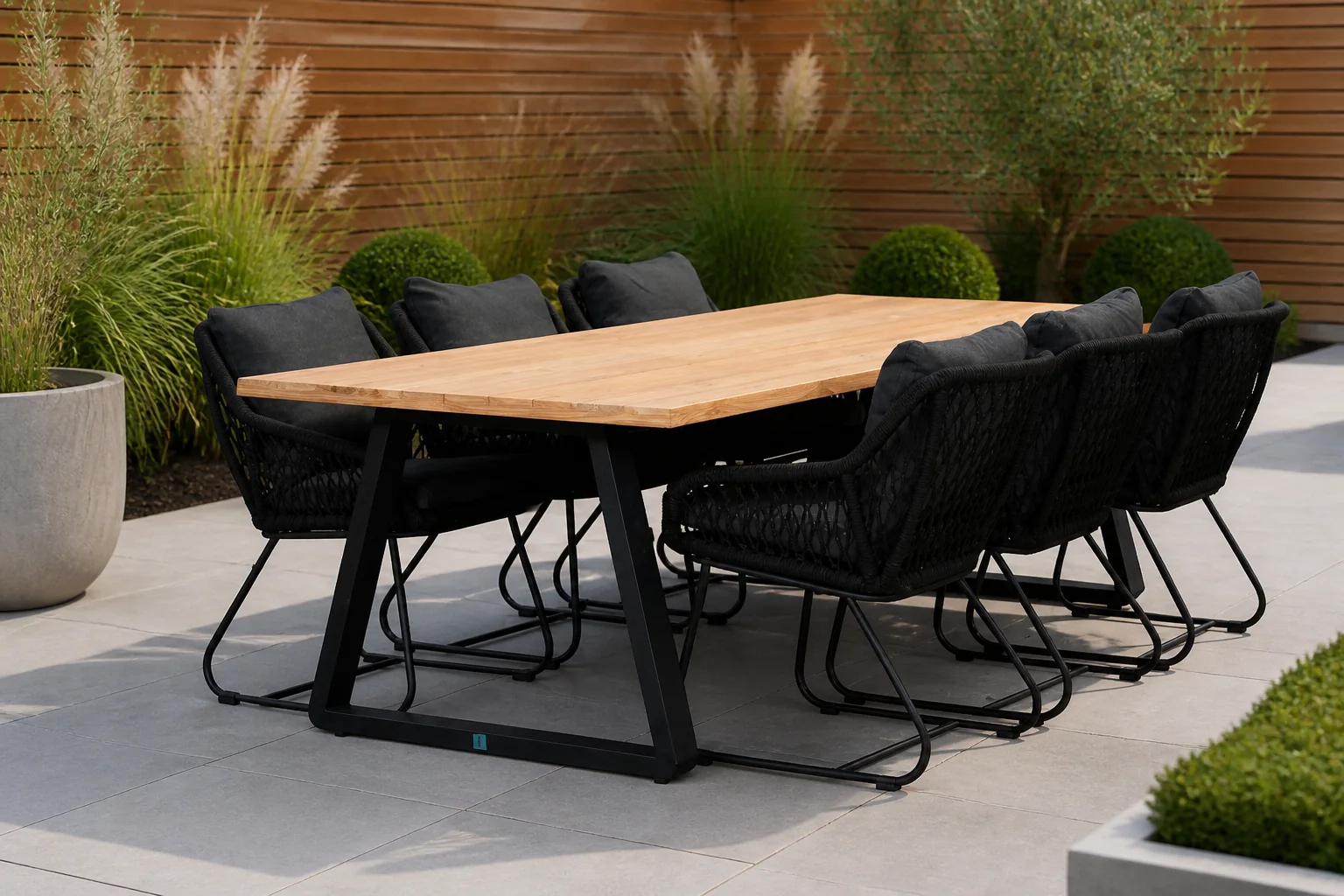 Sfeerfoto van LUX outdoor living Elena/Portofino zwart dining tuinset | 6 personen | teakhout + touw | 240cm