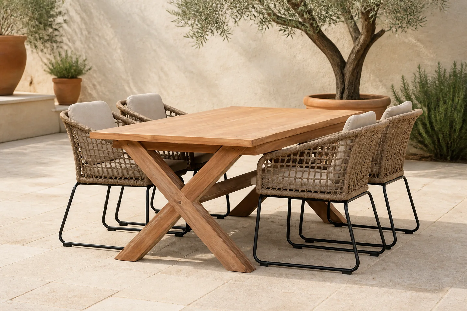 Sfeerfoto van BUITEN living Riga/Tulum Sahara Dust dining tuinset | 4 personen | teakhout + touw | 200cm – Zand