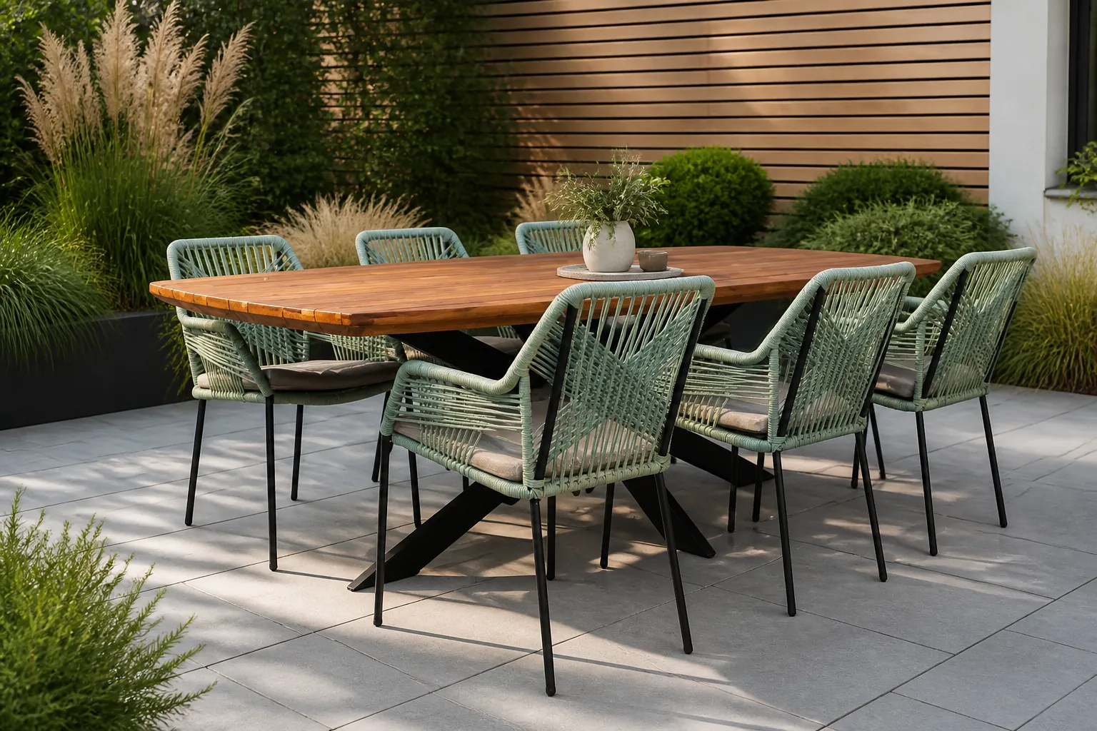 Sfeerfoto van LUX outdoor living Salo/Seville mint dining tuinset | 6 personen | hardhout + touw | 240cm – Zwart