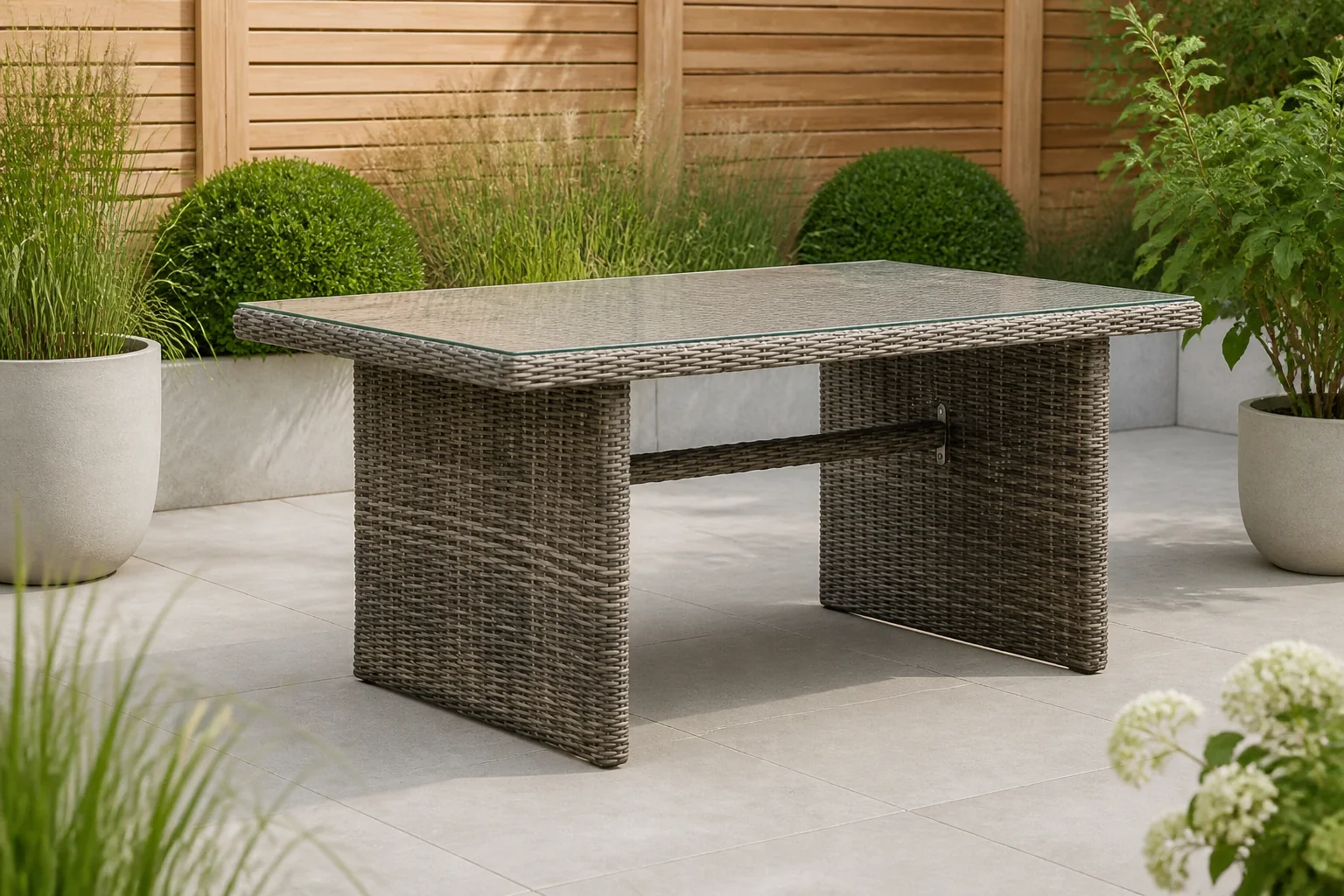 Sfeerfoto van Denza Furniture Belfort dining tuintafel 4 personen | wicker | Kobo Grey | 140cm – Taupe – Naturel – Bruin