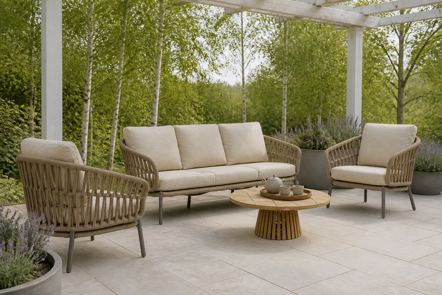 Sfeerfoto van Coco Viento/Fungo 75 cm stoel-bank loungeset 4-delig – Zand/Beige