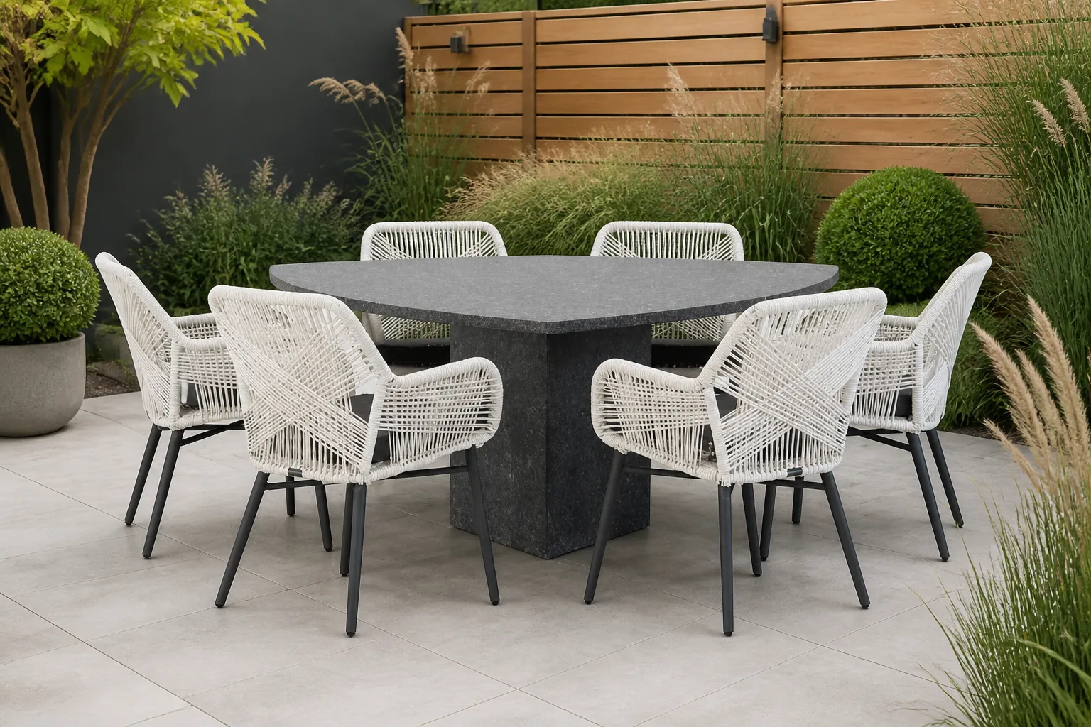 Sfeerfoto van Lifestyle Garden Furniture Advance/Graniet 170 cm triangel dining tuinset 7-delig – Wit