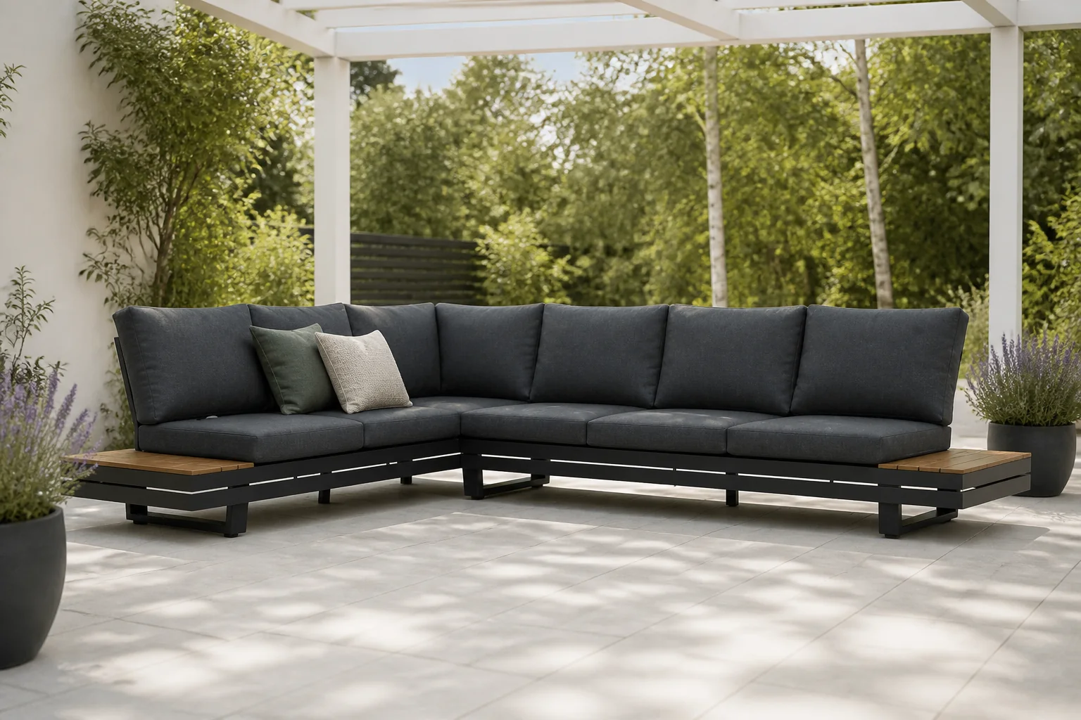 Sfeerfoto van LUX outdoor living Vegas hoek loungeset-links 6 personen | aluminium + polywood | antraciet | 4-delig 311x230cm