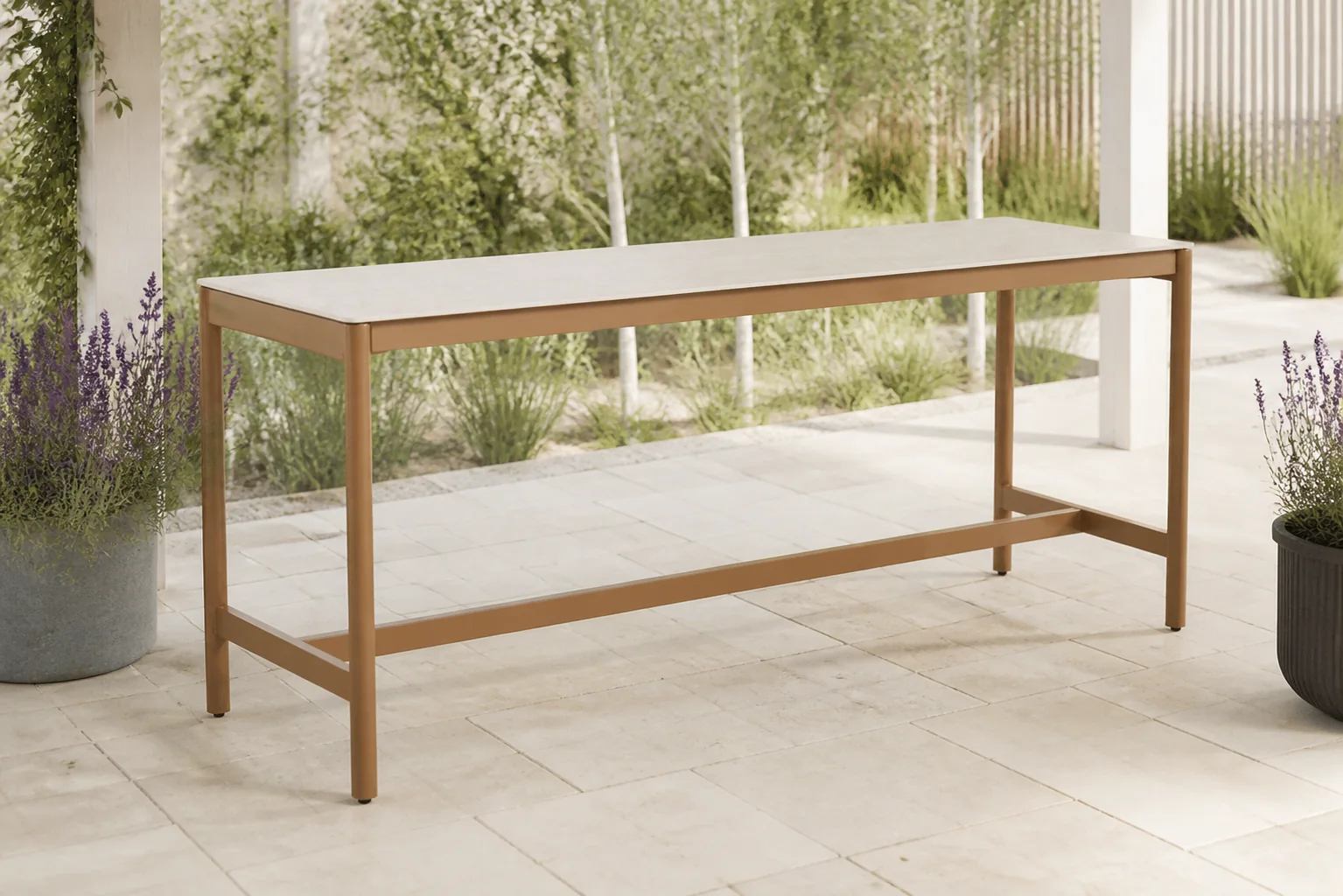 Sfeerfoto van 4 Seasons Outdoor Seasons Soho high dining table ceramic 220 X 75 X 95 amber – Taupe-naturel-bruin