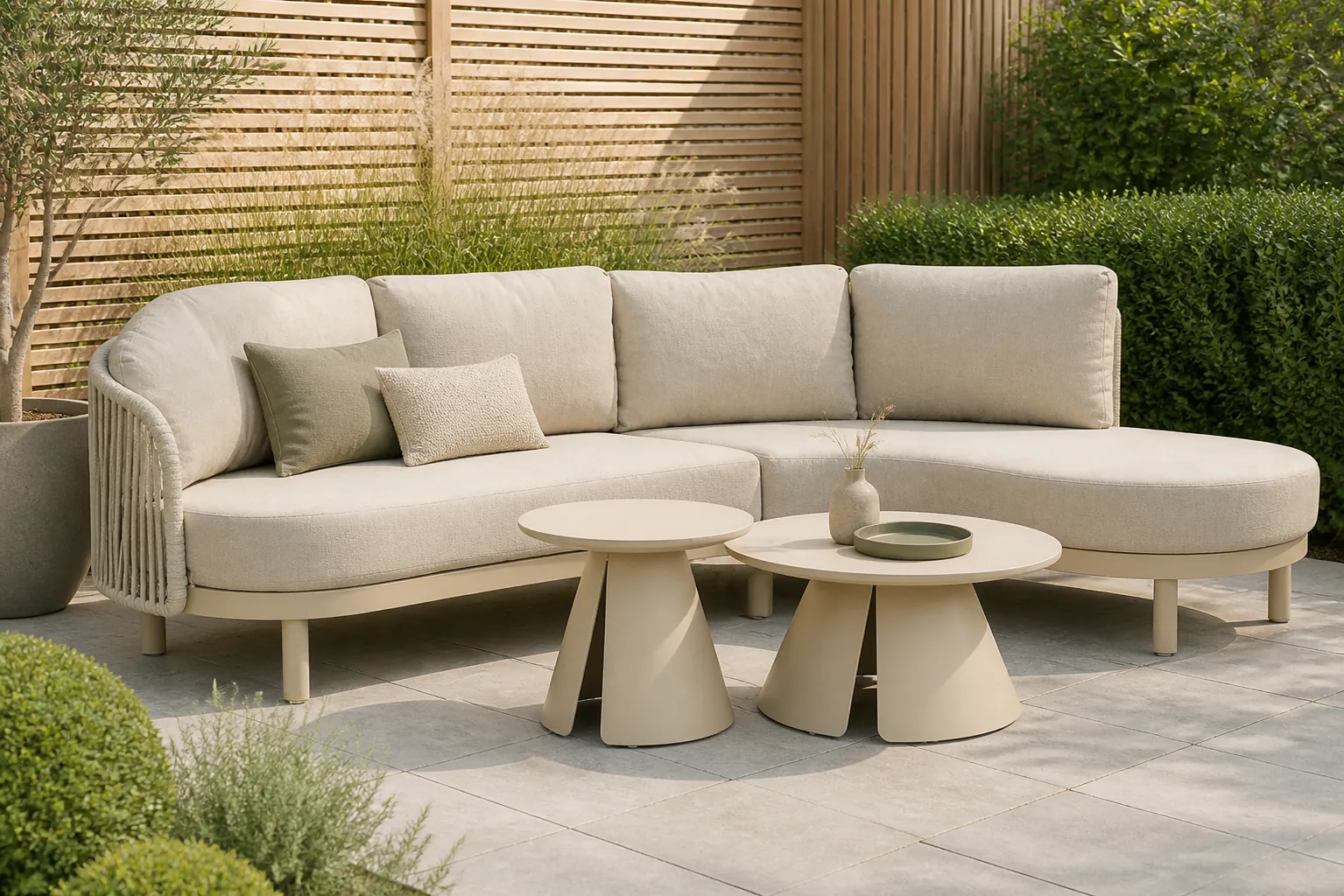 Sfeerfoto van Santika Furniture Nanda/Cayora 50/80 cm hoek loungeset 4-delig – Zand/Beige