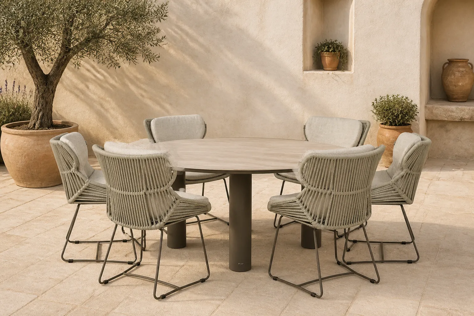 Sfeerfoto van Santika Furniture Samari/Trino 158 cm dining tuinset 7-delig – Taupe-naturel-bruin