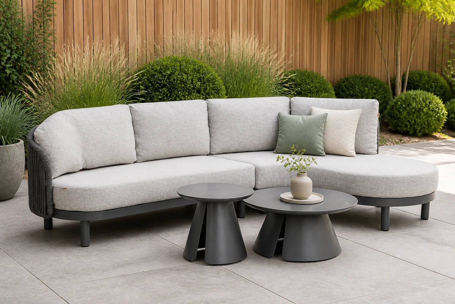 Sfeerfoto van Santika Furniture Nanda/Cayora 50/80 cm hoek loungeset 4-delig – Grijs-antraciet