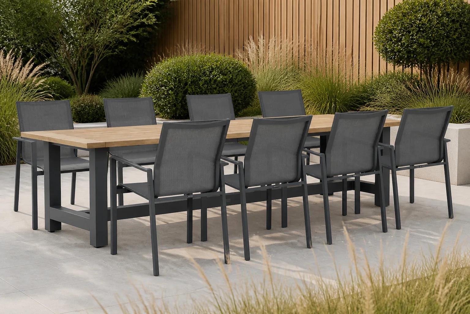 Sfeerfoto van Lifestyle Garden Furniture Timo/San Francisco 300x100cm dining tuinset 9-delig – Grijs-antraciet