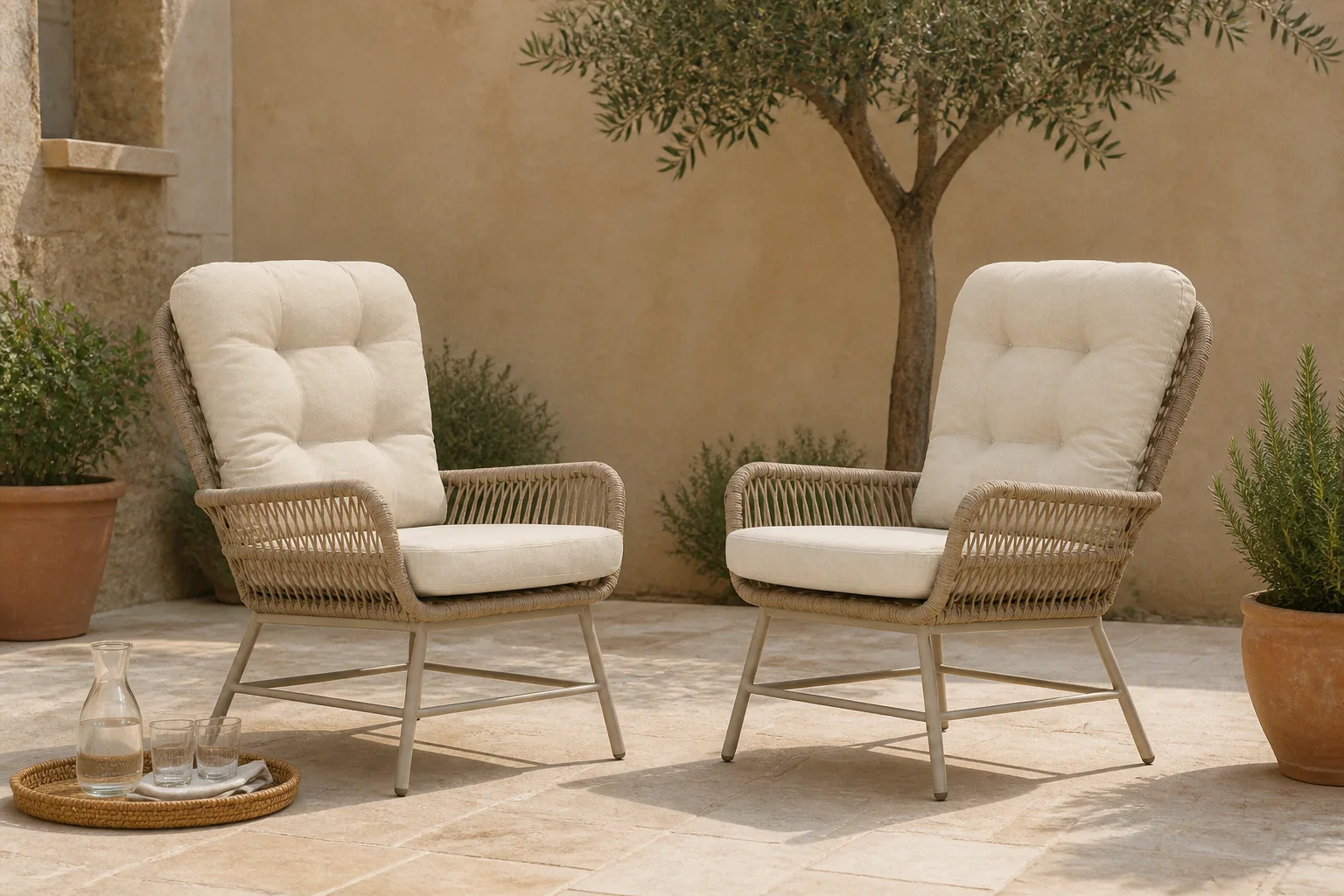 Sfeerfoto van BUITEN living Dex loungestoel tuin set van 2 | touw + aluminium | Sandstone – Taupe – Naturel – Bruin, Beige