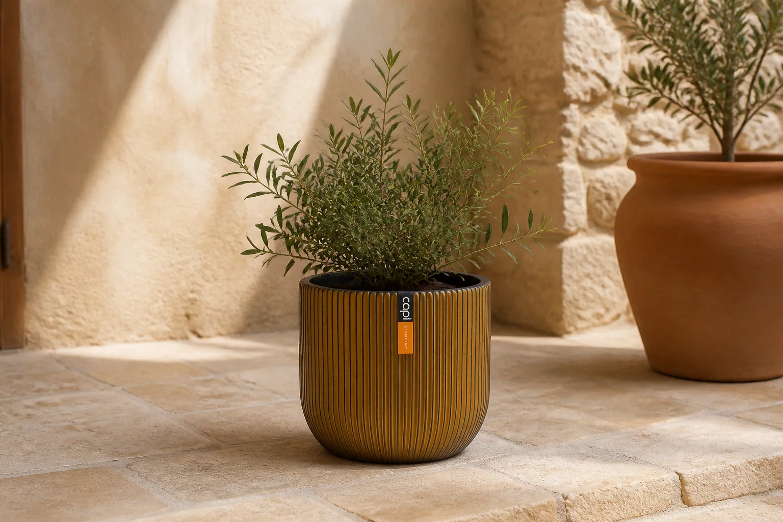 Sfeerfoto van Capi europe Pot bol Groove 10×9 zwart goud bloempot – geel