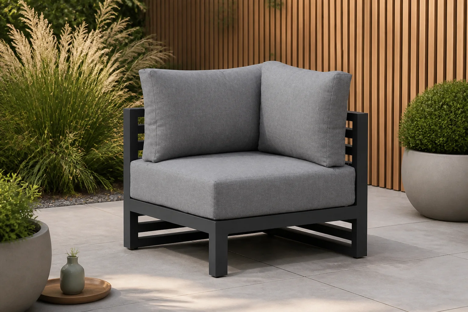 Sfeerfoto van Santika Furniture Jaya hoek module (met 2 rugkussens) – Grijs-antraciet