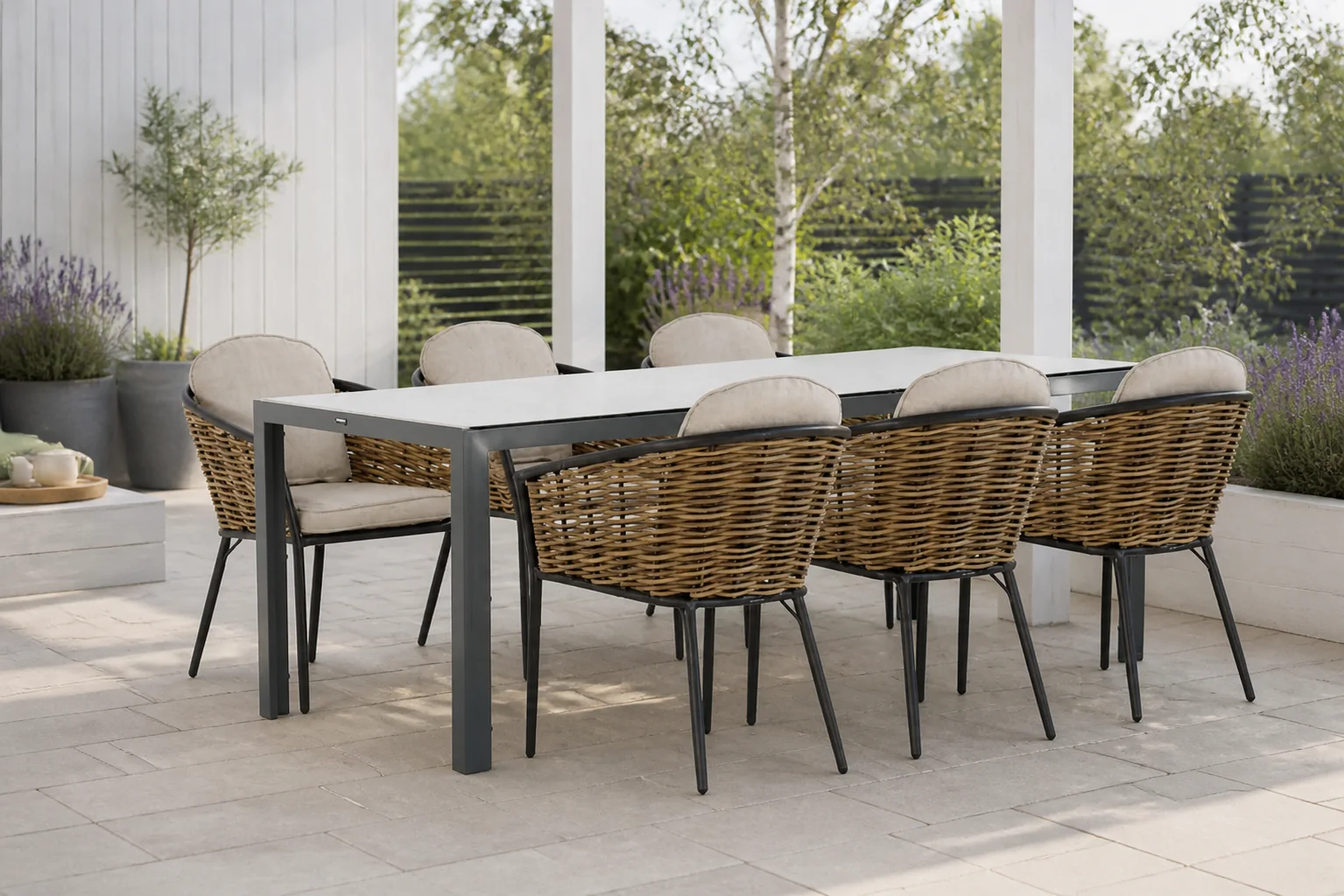 Sfeerfoto van Lifestyle Garden Furniture Nice/Venustas 210 cm dining tuinset 7-delig – Grijs-antraciet