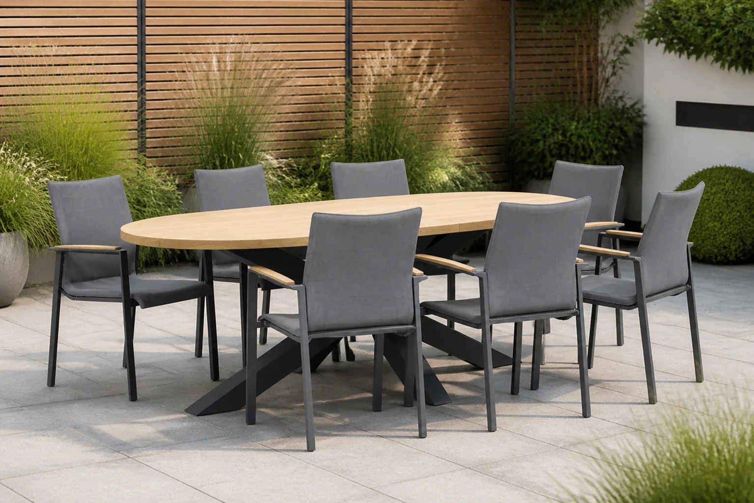 Sfeerfoto van Lifestyle Garden Furniture Brandon/Brookline 240 cm ovaal dining tuinset 7-delig – Grijs-antraciet