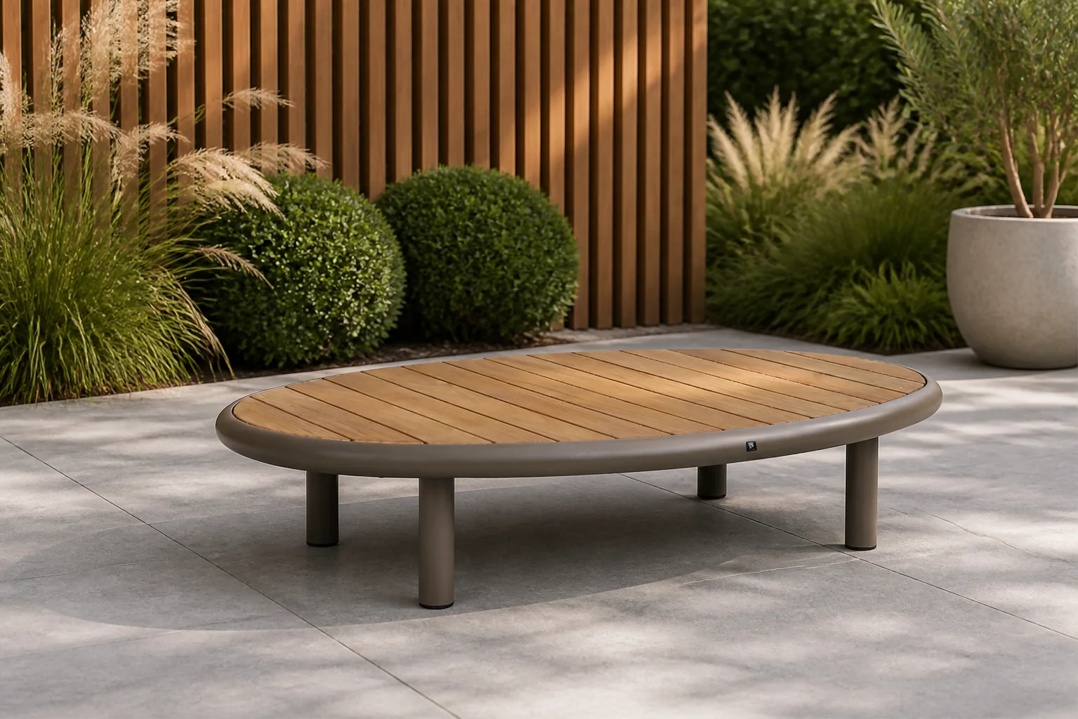 Sfeerfoto van Santika Furniture Wave lounge tafel met teakhout tafelblad – Taupe-naturel-bruin