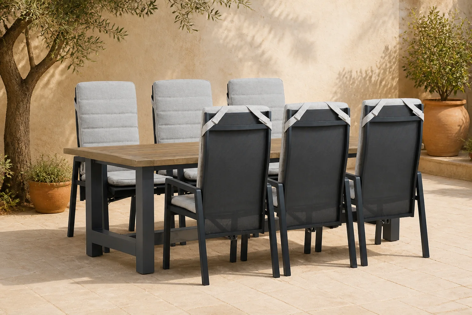 Sfeerfoto van Lifestyle Garden Furniture Vivaro/San Francisco 260×100 cm dining tuinset 7-delig – Grijs-antraciet