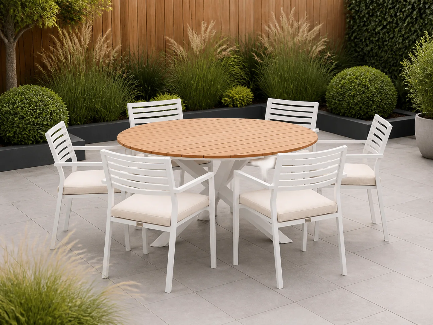 Sfeerfoto van Bellagio tuinmeubelen Rumo/Fidenza ø149cm dining tuinset 7-delig stapelbaar