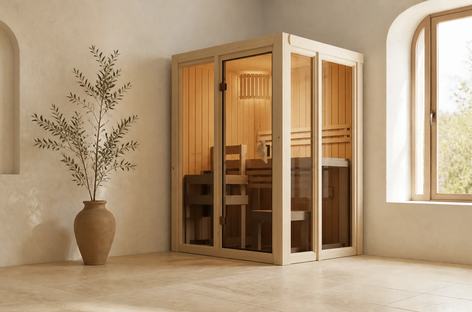 Sfeerfoto van Karibu | Irava 1 Sauna | Kachel 3,6 kW Geïntegreerde Bediening