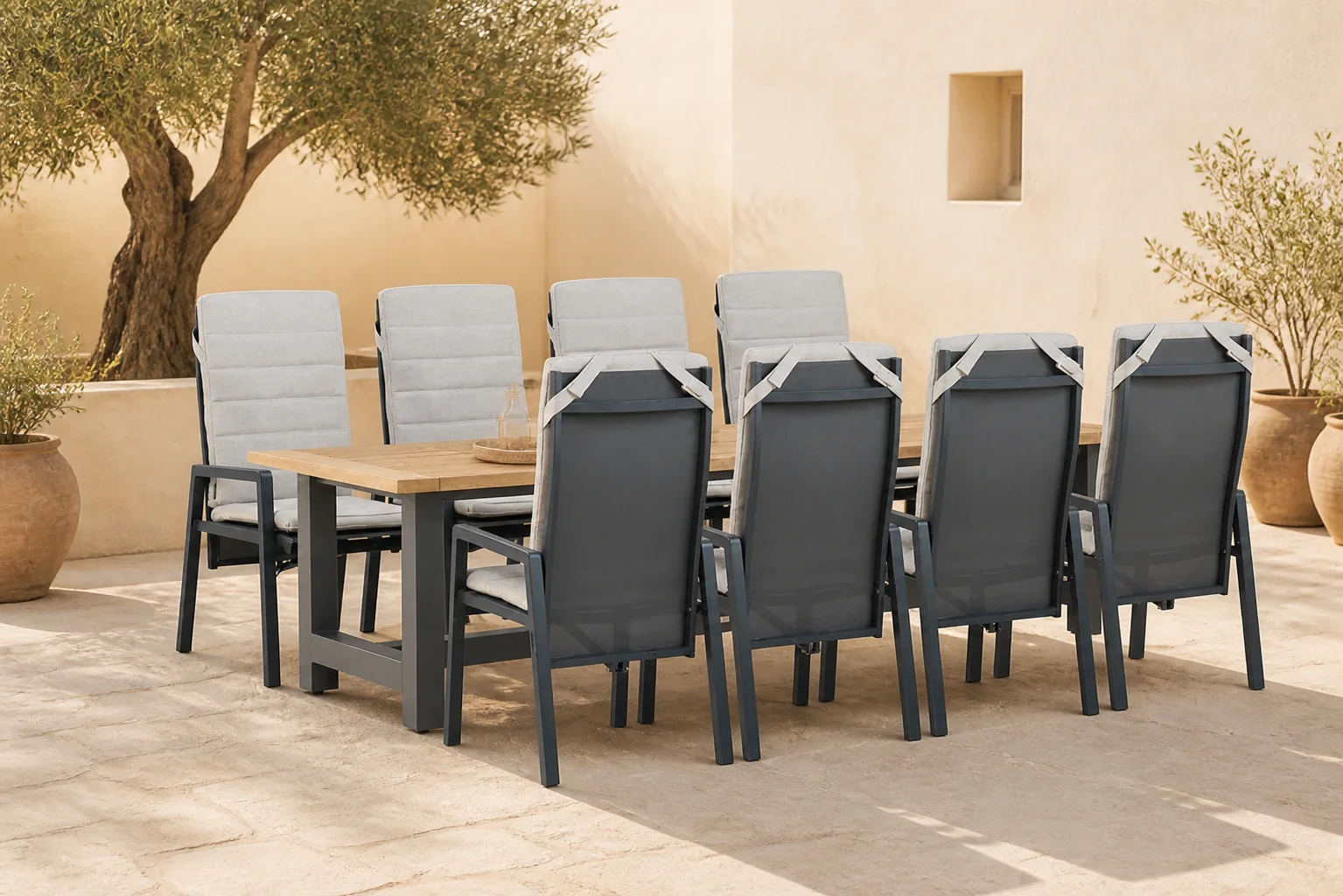 Sfeerfoto van Lifestyle Garden Furniture Vivaro/San Francisco 300×100 cm dining tuinset 9-delig – Grijs-antraciet