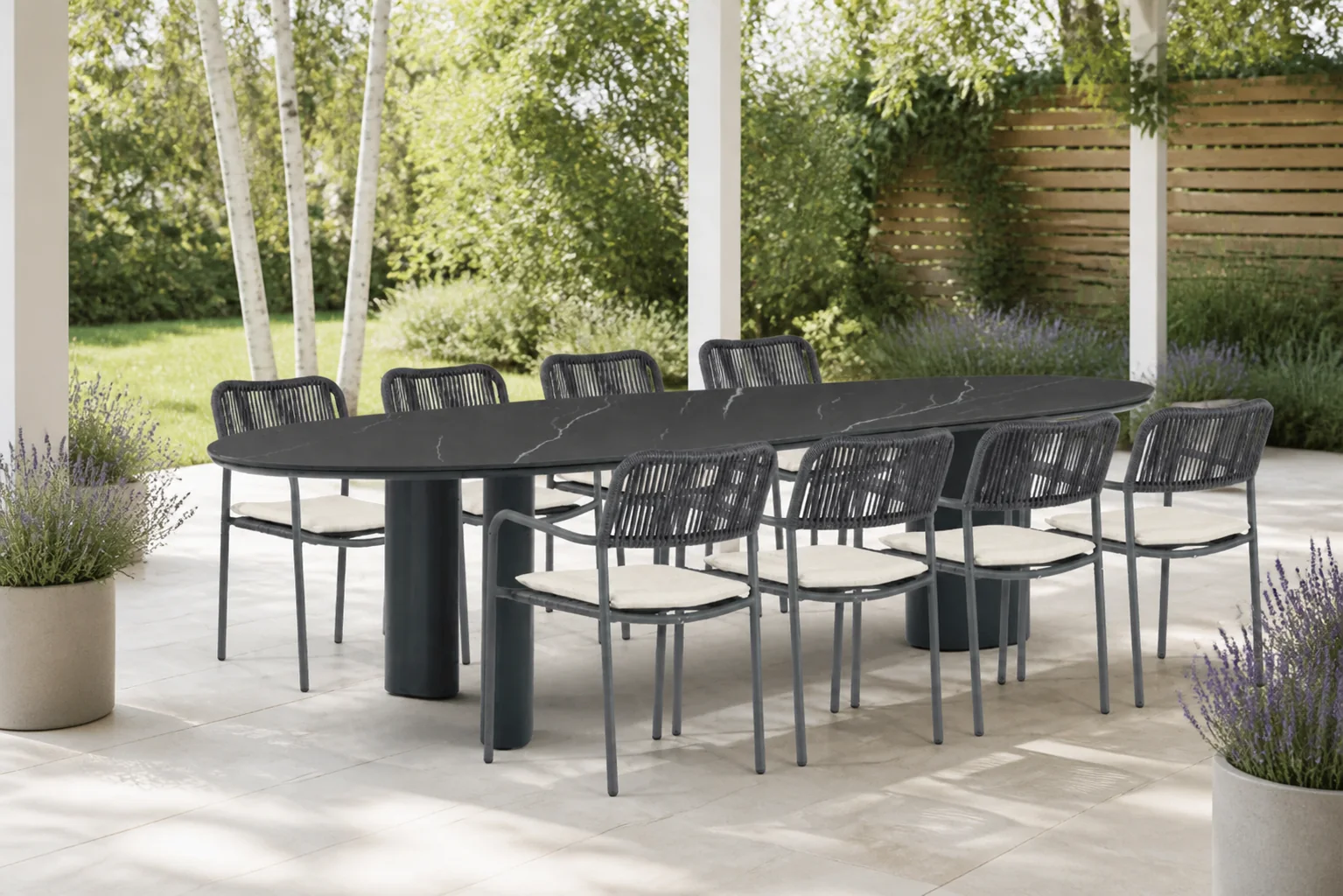 Sfeerfoto van Coco Penya/Weave 300 cm dining tuinset 9-delig – Grijs-antraciet