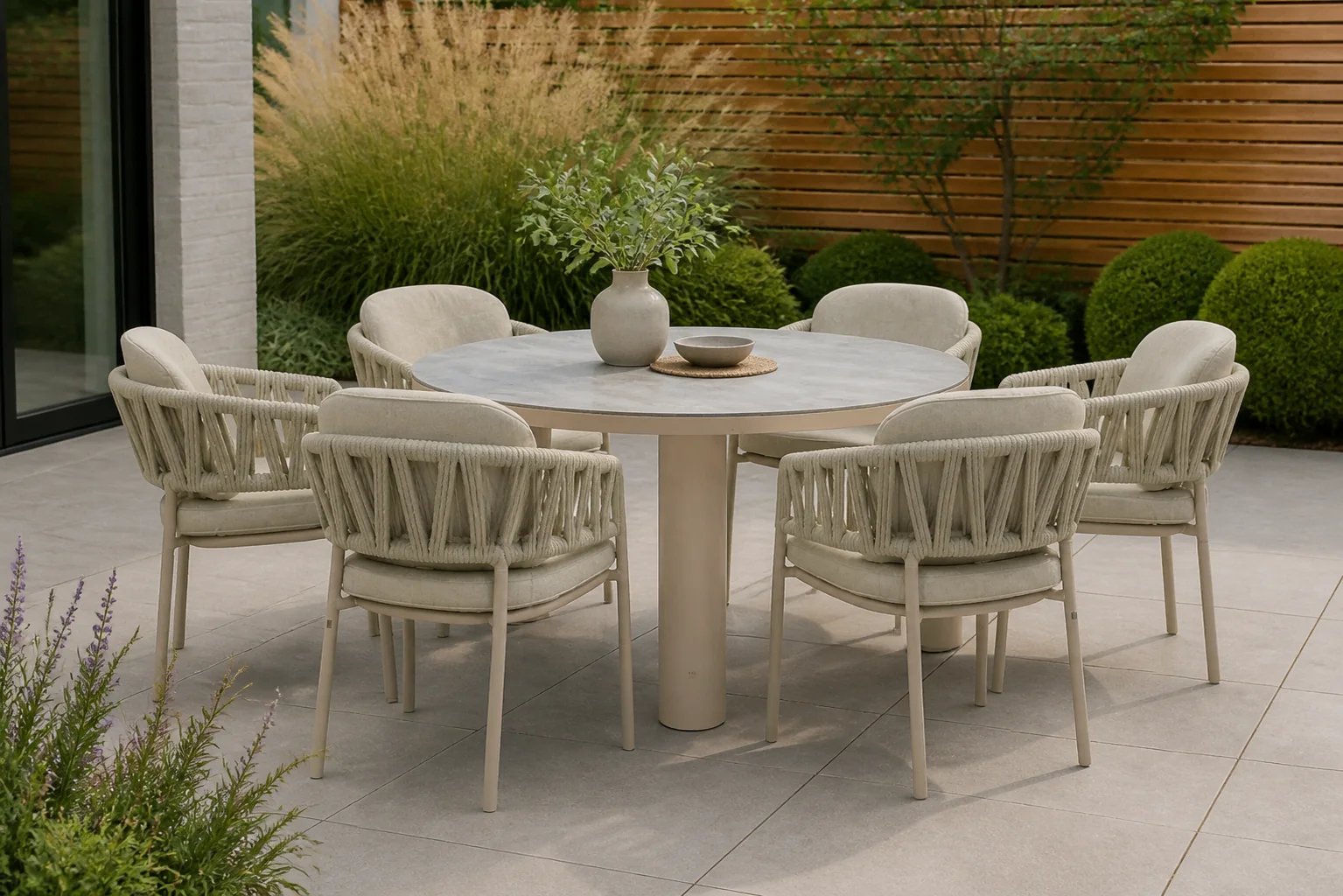 Sfeerfoto van 4 Seasons Outdoor Calma/Arancia 150 cm dining tuinset 7-delig – Zand/Beige