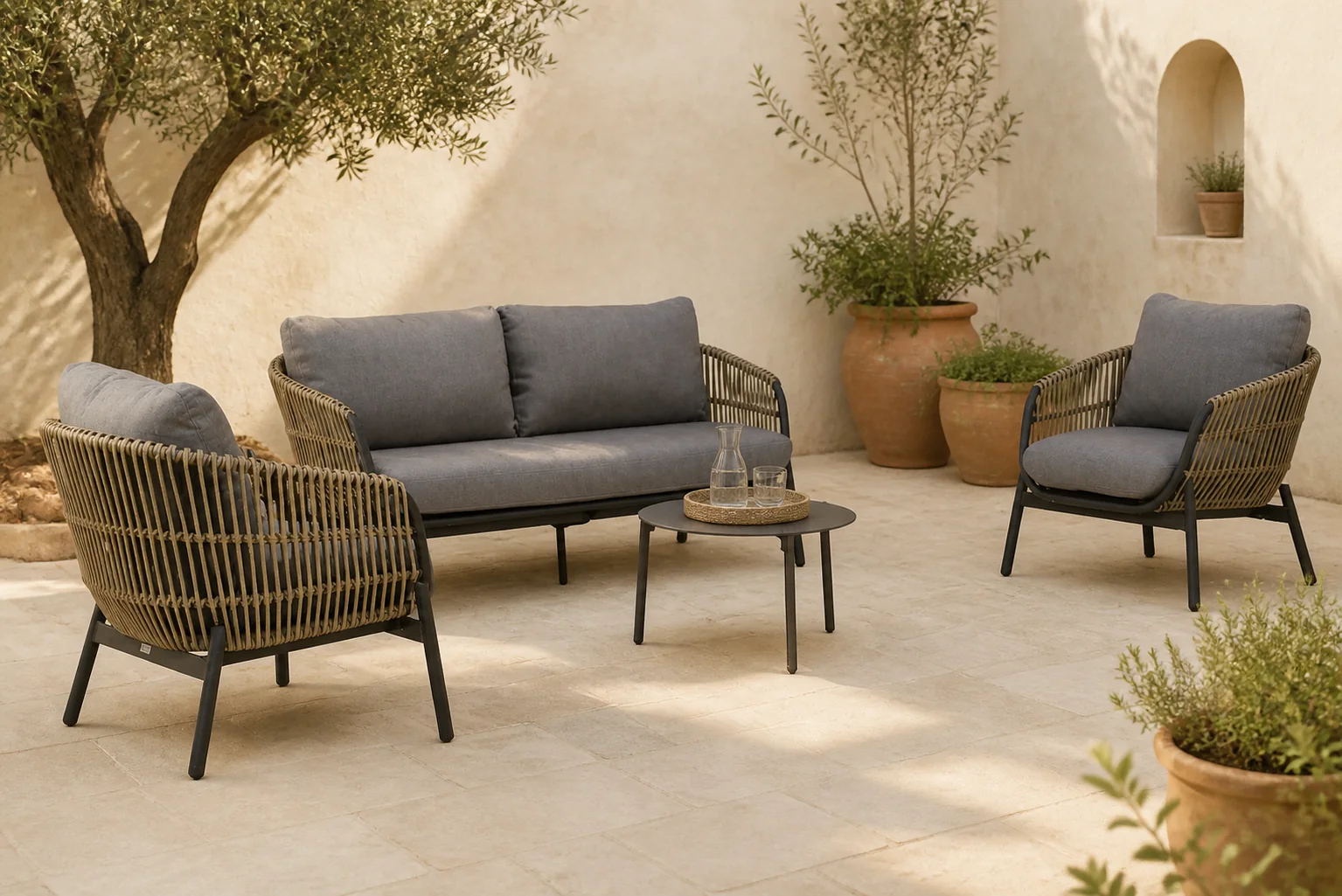 Sfeerfoto van Coco Nathan/Pacific 60 cm stoel-bank loungeset 4-delig – Taupe-naturel-bruin