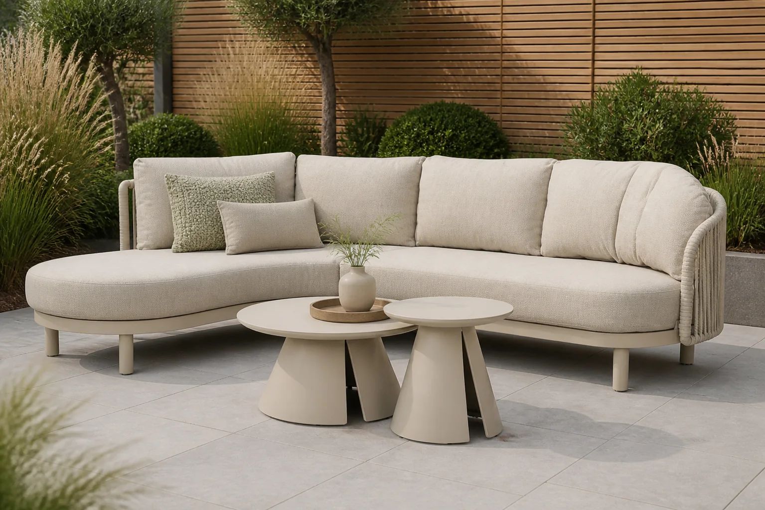 Sfeerfoto van Santika Furniture Nanda/Cayora 50/80 cm hoek loungeset 4-delig – Zand/Beige