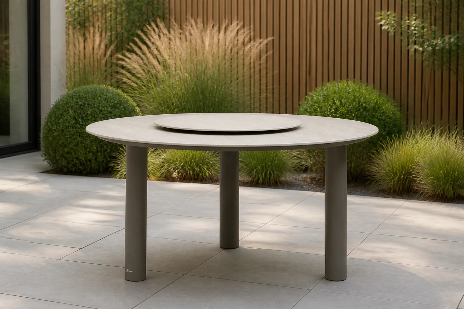 Sfeerfoto van Coco Trino dining tuintafel 140 cm met lazy susan – Taupe-naturel-bruin