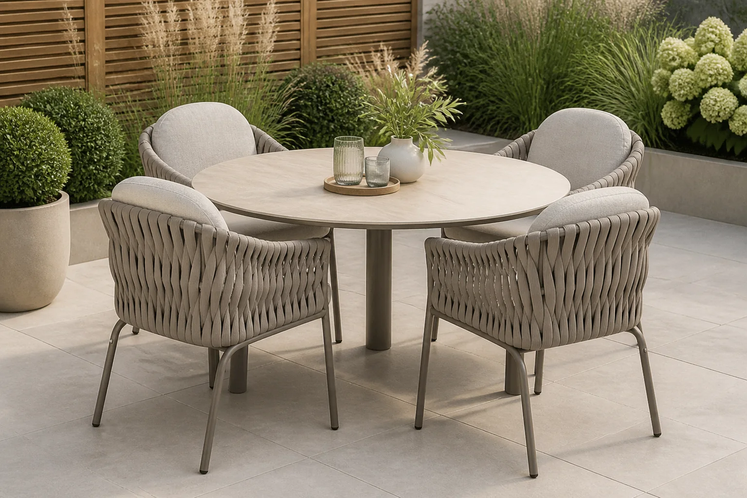 Sfeerfoto van Santika Furniture Amadora/Trino 140 cm dining tuinset 5-delig – Taupe-naturel-bruin