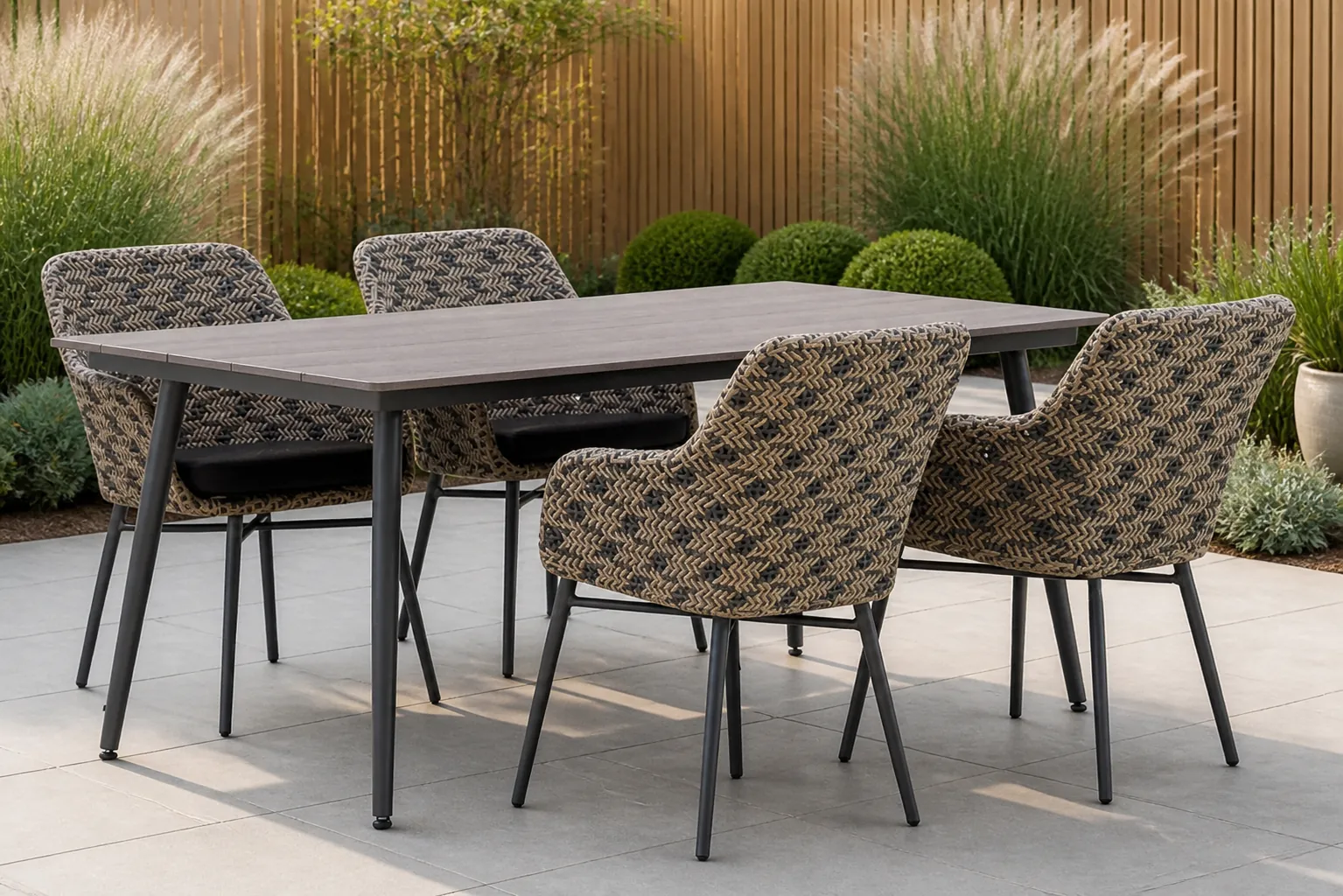 Sfeerfoto van Lifestyle Garden Furniture Crossway/Matale 180 cm dining tuinset 5-delig – Taupe-naturel-bruin