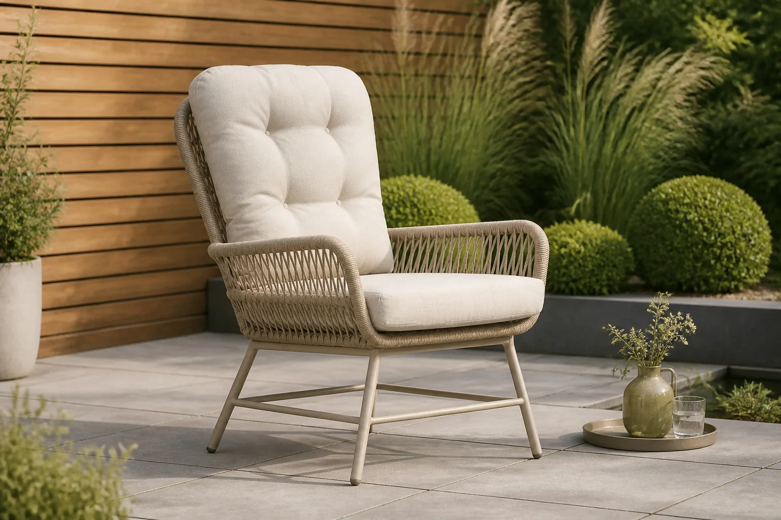 Sfeerfoto van BUITEN living Dex loungestoel | touw + aluminium | Sandstone