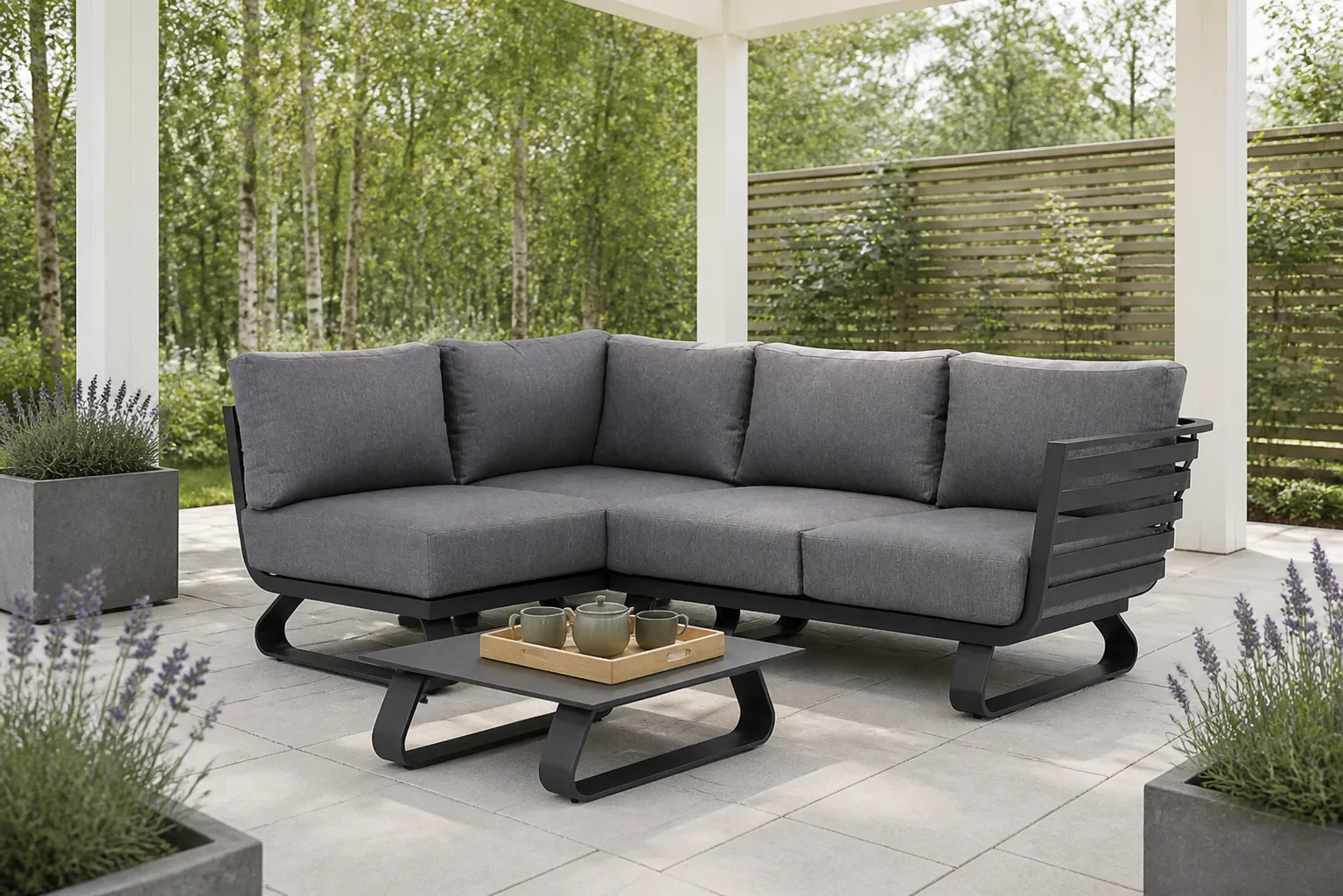 Sfeerfoto van Santika Furniture Sovita chaise longue loungeset 4-delig – Grijs-antraciet