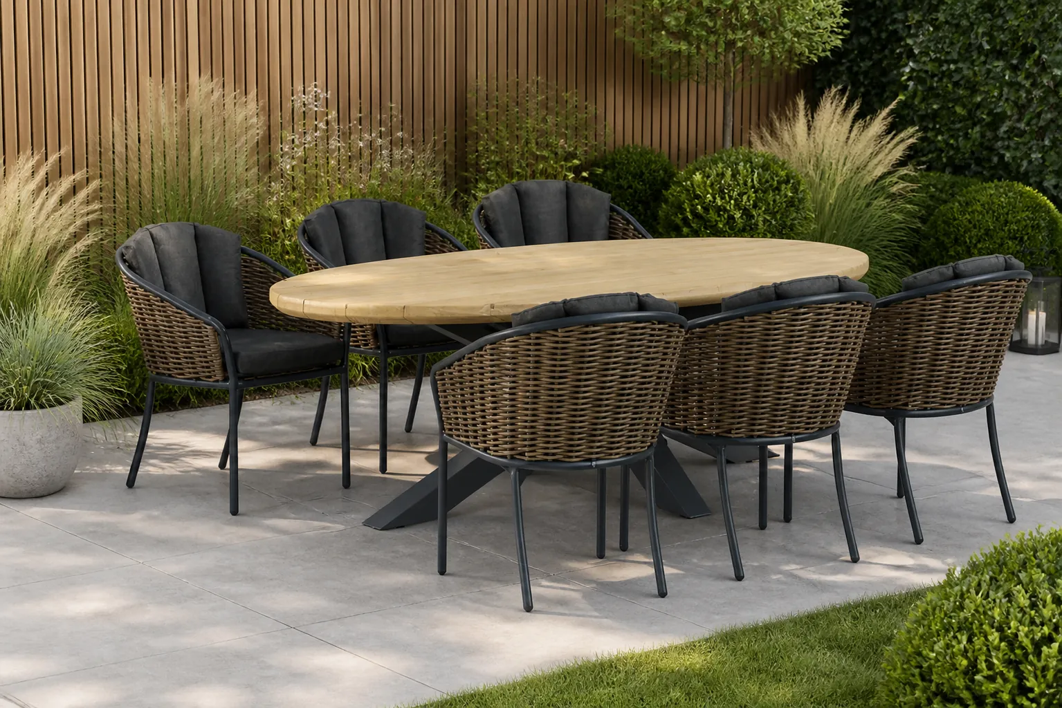 Sfeerfoto van Santika Furniture Tika/Diogo 240 cm dining tuinset 7-delig – Grijs-antraciet