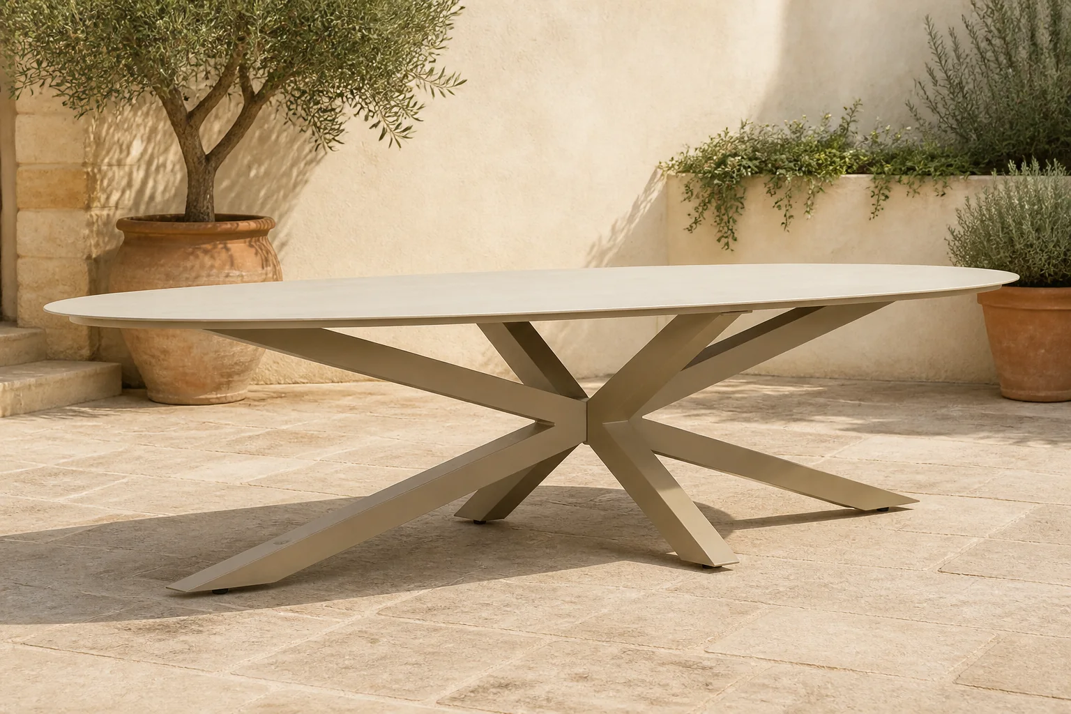 Sfeerfoto van LUX outdoor living Calma dining tuintafel 8 personen | sintered stone + aluminium | Marble Latte | 280cm ovaal