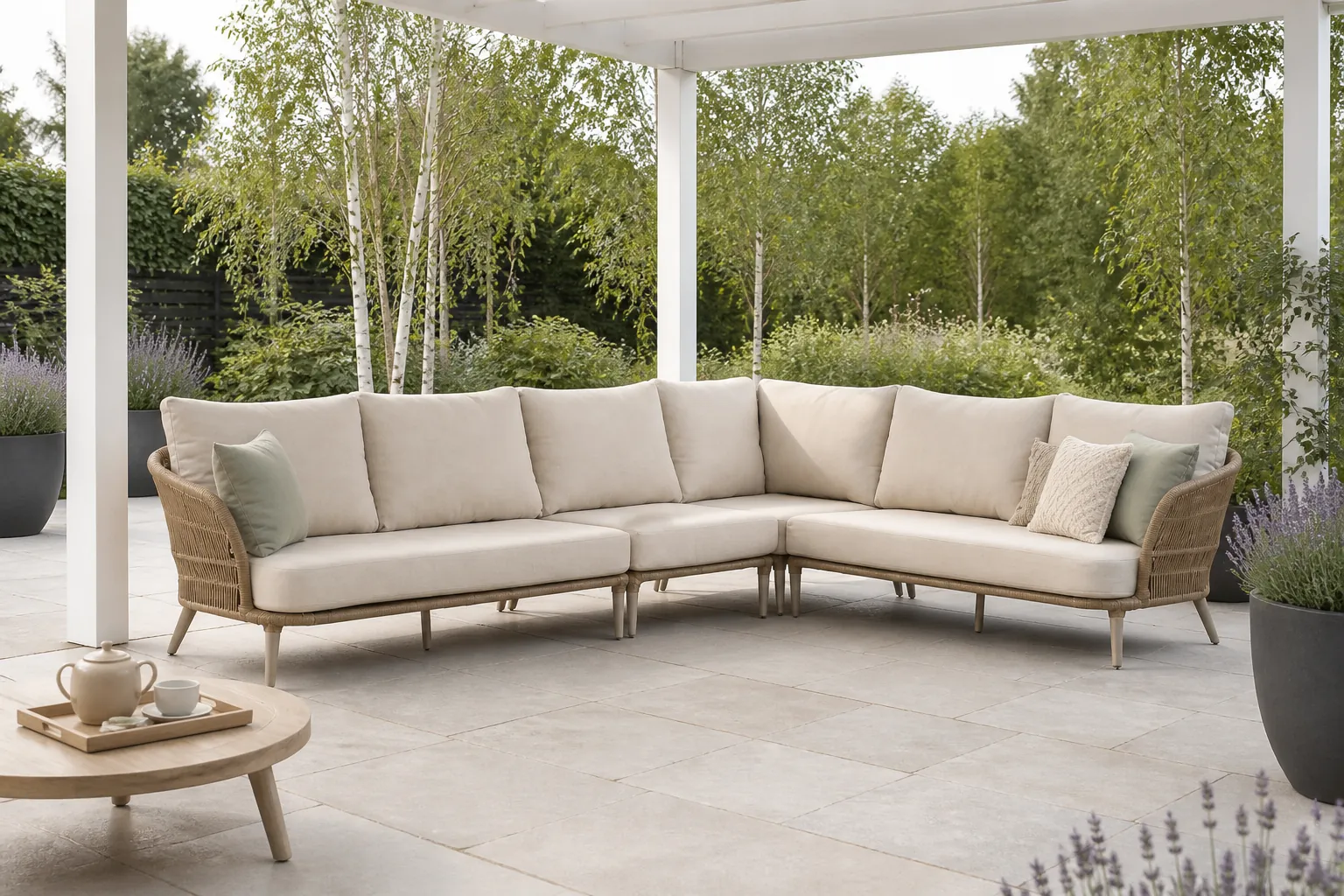 Sfeerfoto van BUITEN living Palermo hoek loungeset 5 personen incl. tussenelement | aluminium + touw | Sandstone | 4-delig