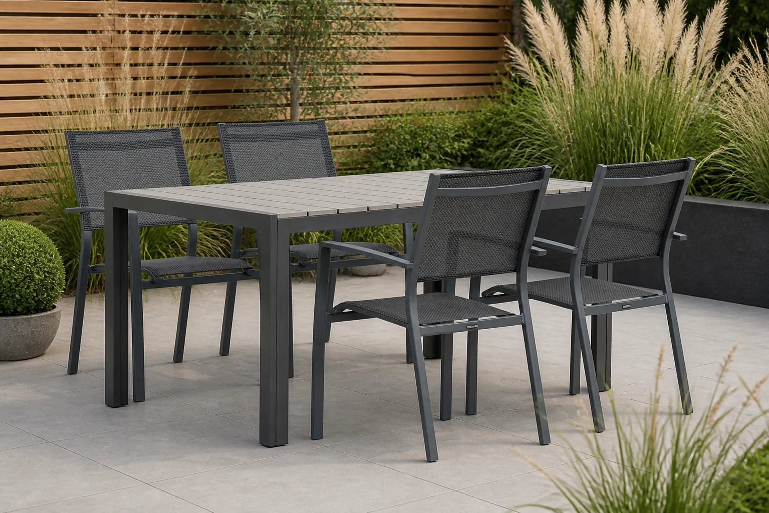 Sfeerfoto van Lifestyle Garden Furniture Sella/Young 155 cm dining tuinset 5-delig – Grijs-antraciet