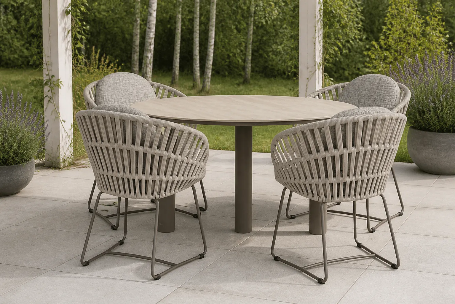 Sfeerfoto van Santika Furniture Amara/Trino 140 cm dining tuinset 5-delig – Taupe-naturel-bruin