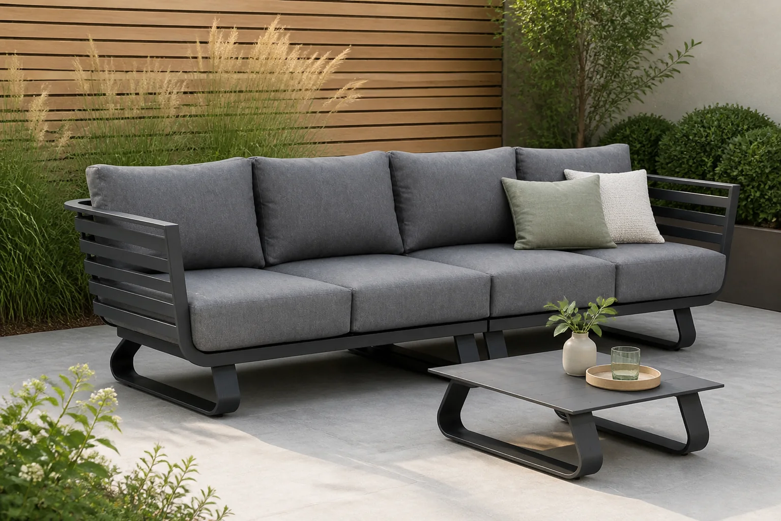 Sfeerfoto van Santika Furniture Sovita lounge tuinbank 3-delig – Grijs-antraciet