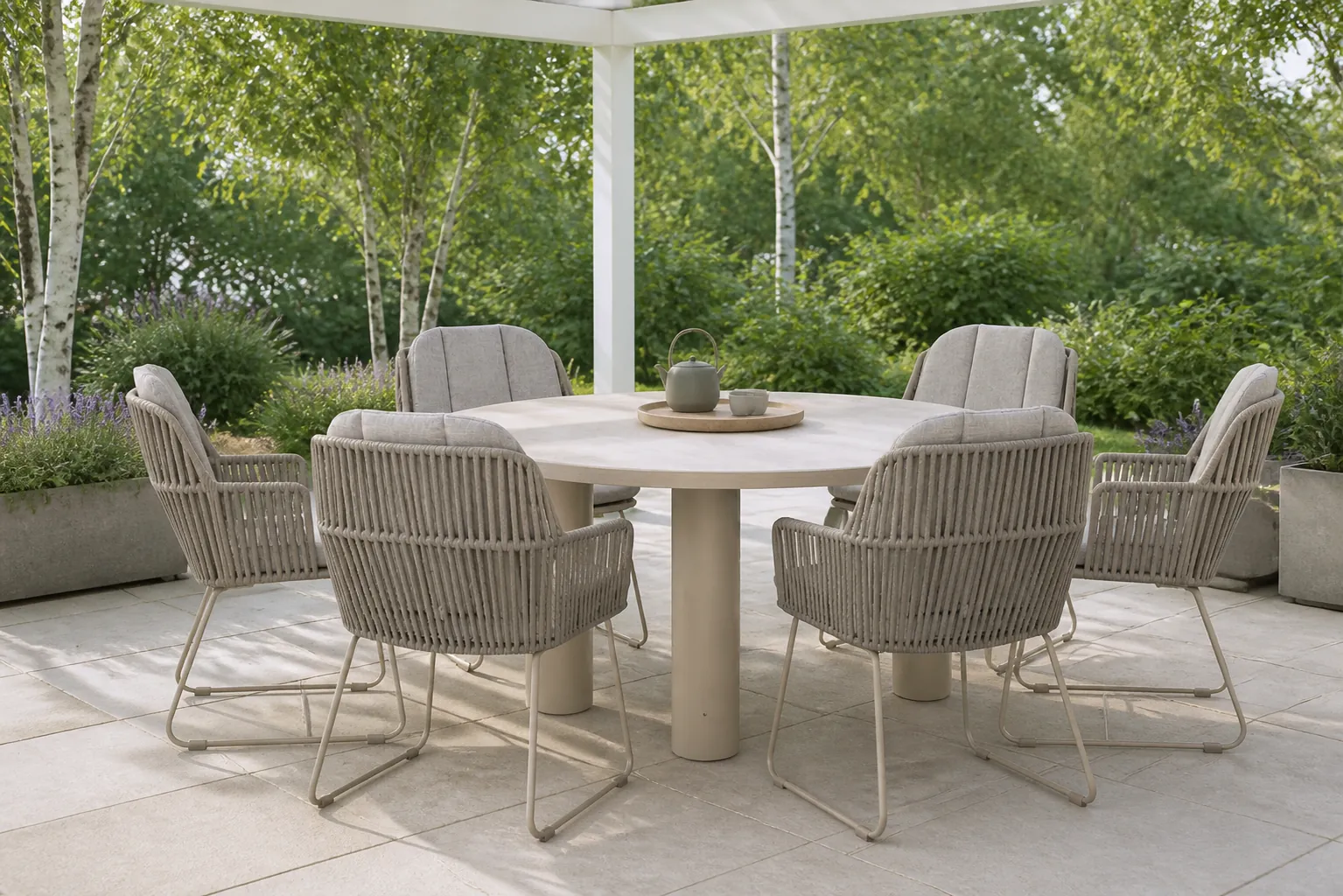Sfeerfoto van Domani Furniture Trivento/Arancia 150 cm dining tuinset 7-delig – Taupe-naturel-bruin