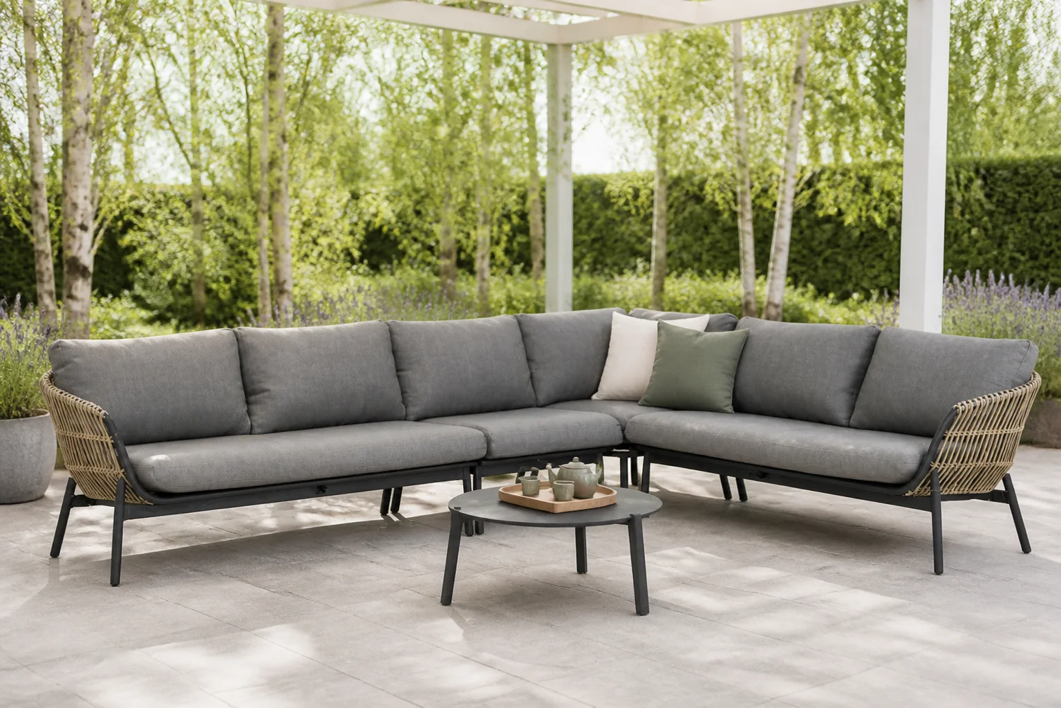 Sfeerfoto van Coco Nathan/Rimini 75 cm hoek loungeset 5-delig – Taupe-naturel-bruin