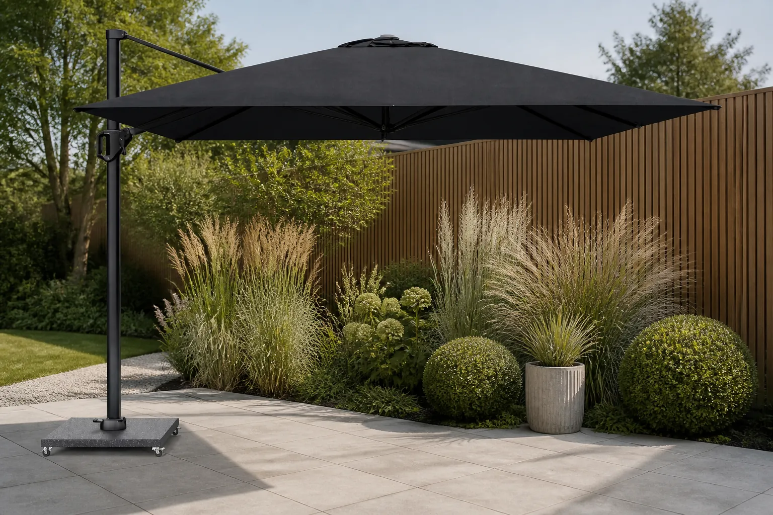 Sfeerfoto van Platinum Challenger zweefparasol 3x3m T1 premium (excl. voet) Jet Black – Zwart