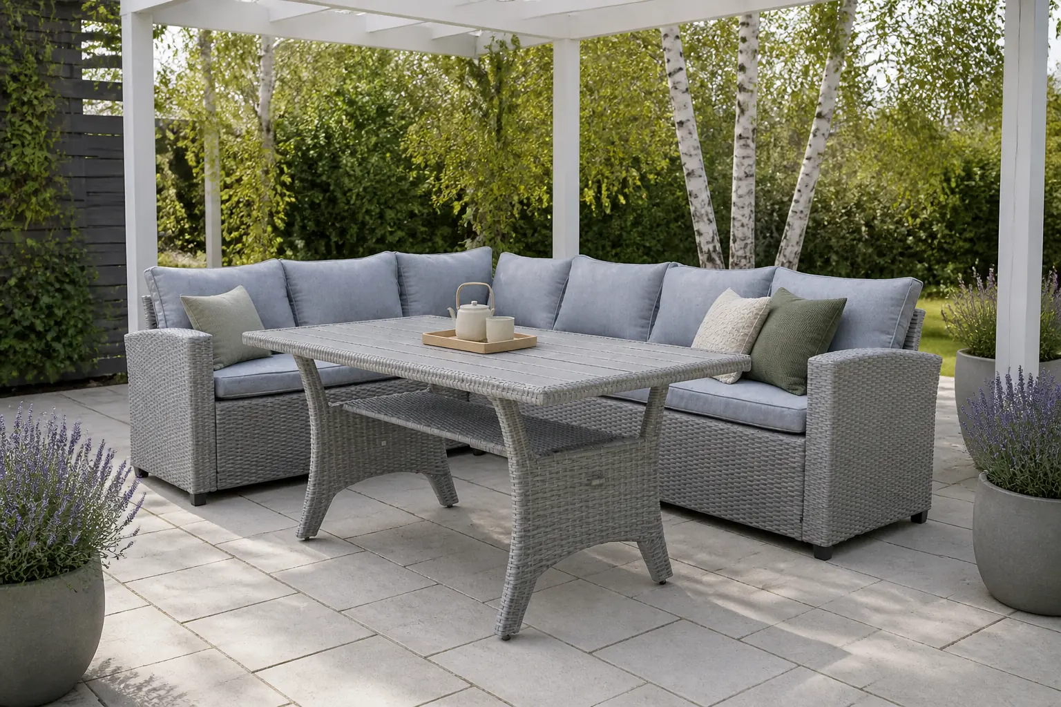 Sfeerfoto van Denza Furniture Stockholm dining loungeset 6 personen | wicker | grijs | 3-delig 245x169cm