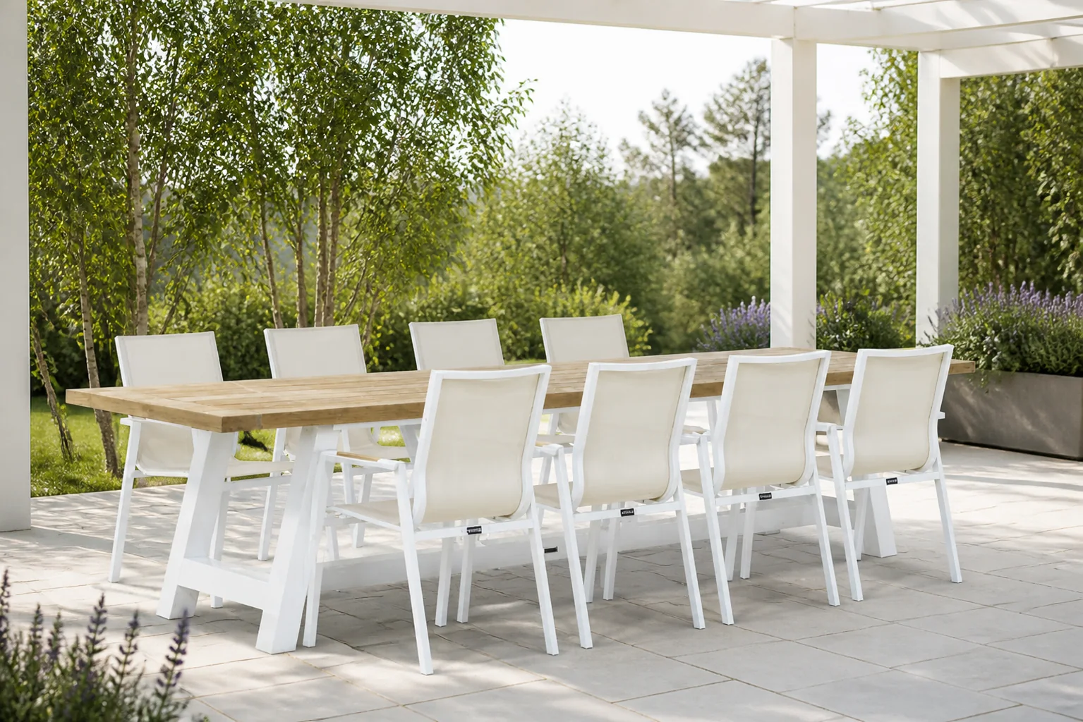 Sfeerfoto van Lifestyle Garden Furniture Fiora/Florence 330 cm dining tuinset 9-delig – Wit