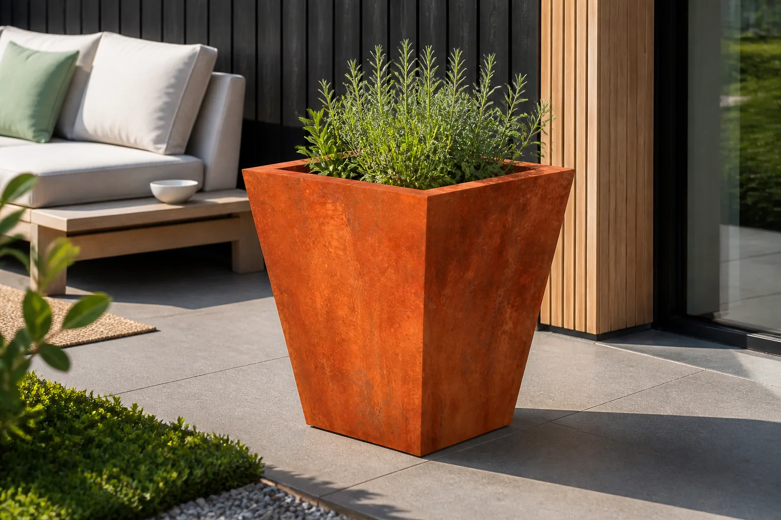 Sfeerfoto van Geroba Vaso vaasvormige plantenbakken Cortenstaal 500 x 500 x 600 mm – oranje