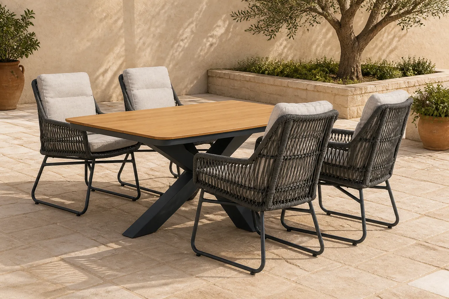 Sfeerfoto van Lifestyle Garden Furniture Vicente/Camila 180×100 cm dining tuinset 5-delig – Grijs-antraciet